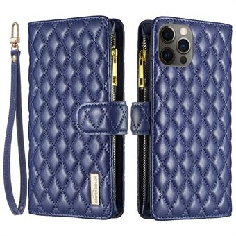 BINFEN COLOR BF Style-15 Cellphone Shell for iPhone 12 / 12 Pro 6.1 inch, Imprinted Rhombus Pattern Case with Zipper Pocket Stand Matte PU Leather Wallet Cover