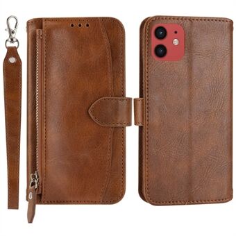 For iPhone 12 / 12 Pro 6.1 inch Stand Wallet Style Anti-fall Case Zipper Pocket PU Leather Shockproof Phone Shell with Long / Short Straps