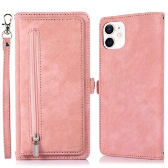 For iPhone 12 6.1 inch/12 Pro 6.1 inch Shockproof Zipper Pocket Phone Wallet Case 9 Card Slots PU Leather Stand Cover with Wrist Strap