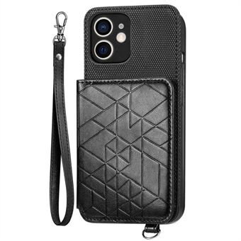 For iPhone 12 Pro 6.1 inch / 12 6.1 inch Kickstand Design Wallet Cover Geometry Imprinted PU Leather Coated TPU Phone Back Case with Wrist Strap