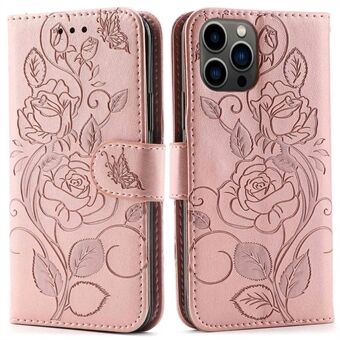 Imprinted Roses Phone Case For iPhone 12 / 12 Pro 6.1 inch, Drop-proof PU Leather Flip Cover Wallet Stand Protective Phone Shell