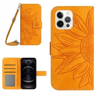 For iPhone 12 / 12 Pro 6.1 inch HT04 Imprinted Sunflower Phone Wallet Stand Case Skin-touch PU Leather Folio Flip Cover with Shoulder Strap