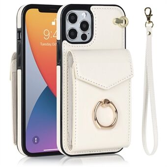 For iPhone 12 6.1 inch / 12 Pro 6.1 inch Ring Kickstand Drop-proof Back Case PU Leather+TPU RFID Blocking Accordion Style Card Bag Phone Protective Cover with Strap