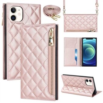 Anti-drop Phone Cover For iPhone 12 Pro 6.1 inch / 12 6.1 inch, Rhombus Imprinted Phone Case PU Leather Zipper Pocket Wallet Stand with Shoulder Strap