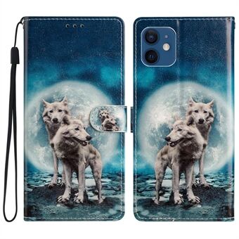 For iPhone 12 / 12 Pro 6.1 inch PU Leather Wallet Case Pattern Printing Stand Magnetic Shockproof Phone Cover with Strap