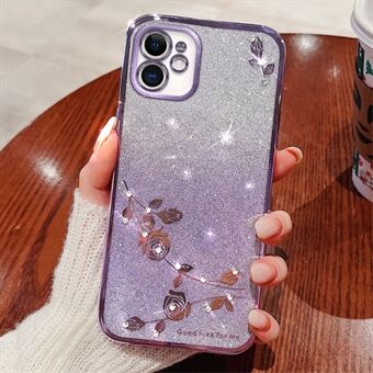 Gradient Glitter Powder TPU Cover for iPhone 12 6.1 inch, Rhinestone Decor Flower Pattern Anti-drop Protective Case