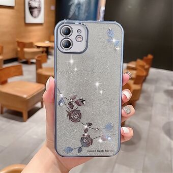 Rhinestone Decor Phone Case for iPhone 12 6.1 inch, Anti-drop Flower Pattern Glitter Powder TPU Electroplating Cover