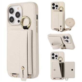 For iPhone 12 / 12 Pro 6.1 inch Hand Strap Leather+TPU Phone Kickstand Case with Card Slot and Shoulder Strap