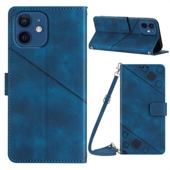 PT005 YB Imprinting Series-7 for iPhone 12 / 12 Pro Wallet Stand Phone Case Imprinted Lines Leather Cover with Shoulder Strap