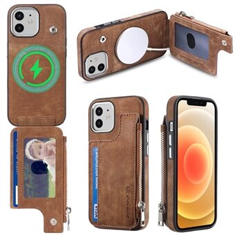 For iPhone 12 / 12 Pro 6.1 inch Zippered Wallet Phone Case PU Leather Coated TPU Phone Cover Compatible with MagSafe Charger