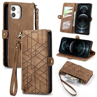 For iPhone 12 / 12 Pro PU Leather Stand Zipper Pocket Phone Case Geometry Imprinted Wallet Cover