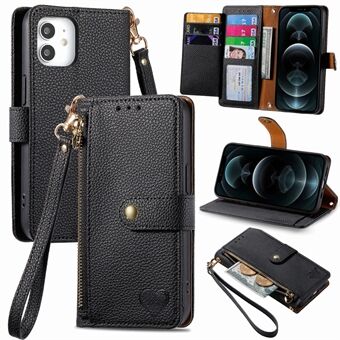 For iPhone 12 / 12 Pro RFID Blocking Leather Stand Phone Case Zipper Pocket Phone Cover with Wallet