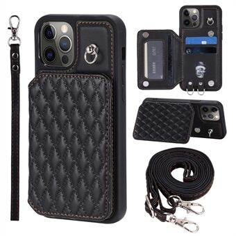 Style 008 For iPhone 12 6.1 inch Shockproof Phone Case RFID Blocking PU+TPU Phone Shell with Straps