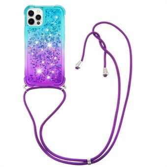 Gradient Quicksand Series Lanyard Design Stylish Flowing Liquid TPU Anti-shock Protective Case Cover for iPhone 12 Pro 6.1 inch