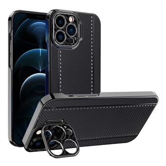 Kickstand Design Kevlar and Carbon Fiber Texture Electroplating Frame Stylish PU Leather Coated PC Cover for iPhone 12 Pro 6.1 inch