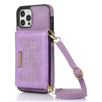 For iPhone 12 / 12 Pro 6.1 inch Rhinestone Decor Wallet Kickstand Phone Cover RFID Blocking Leather Coated TPU Case with Shoulder Strap