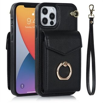 For iPhone 12 6.1 inch / 12 Pro 6.1 inch Ring Kickstand Drop-proof Back Case PU Leather+TPU RFID Blocking Accordion Style Card Bag Phone Protective Cover with Strap - Black