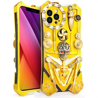 For iPhone 12 Pro 6.1 inch Shockproof Metal Armor Phone Case Handmade DIY Gear Steampunk Skull Cover  - Gold