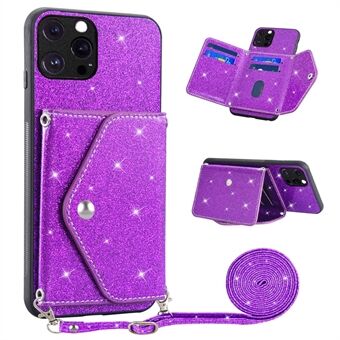 For iPhone 12 Pro Glitter Phone Case Kickstand Card Holder Leather Coated TPU Cover with Shoulder Strap