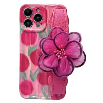 Leather Wristband TPU Phone Cover for iPhone 12 Pro , Anti-dust Pattern Printing Case with Pink Flower Decor