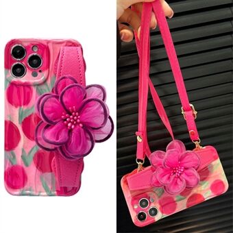 For iPhone 12 Pro Pattern TPU Phone Case with Gauze Flower Leather Wristband and Shoulder Strap