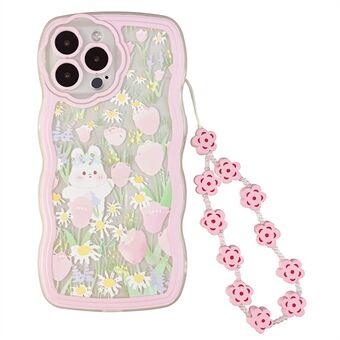 For iPhone 12 Pro Rabbit Flower Pattern TPU Case Protective Clear Phone Cover with Wrist Chain