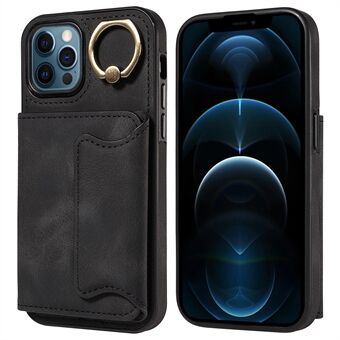 001 For iPhone 12 / 12 Pro 6.1 inch Card Holder Ring Kickstand Cover PU Leather+TPU Anti-fall Phone Case