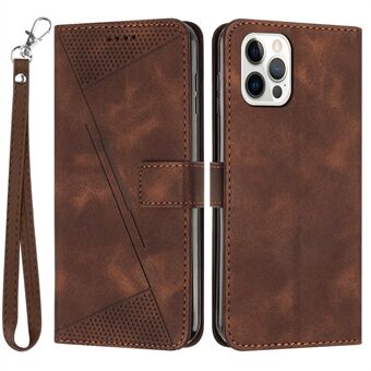 For iPhone 12 / iPhone 12 Pro 6.1 inch PU Leather Stand Phone Case Triangle Imprinted Wallet Cover with Strap