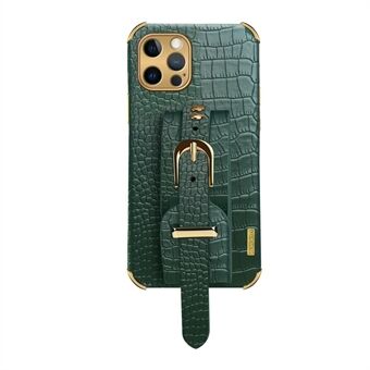 6D Electroplated Crocodile Texture Wrist Strap PU Leather Coated TPU Phone Case for iPhone 12 Pro Max