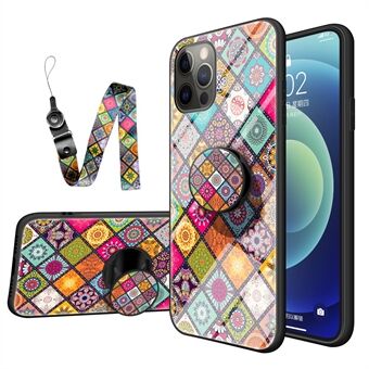 Colorful Flower Print Glass Hybrid Phone Case Cover with Kickstand Lanyard for iPhone 12 Pro Max