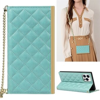 Leather Phone Case Grid Texture Crossbody Bag with Makeup Mirror and Shoulder Strap for iPhone 12 Pro Max 6.7 inch