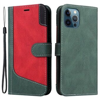 Leather Case for iPhone 12 Pro Max 6.7 inch, Tri-color Splicing Foldable Stand Wallet Phone Cover Protector with Strap