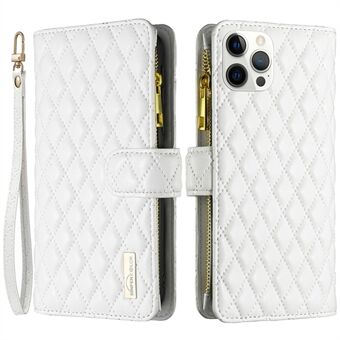 BINFEN COLOR BF Style-15 Cellphone Shell for iPhone 12 Pro Max 6.7 inch, Imprinted Rhombus Pattern Case with Zipper Pocket Stand Matte Full Coverage PU Leather Wallet Cover