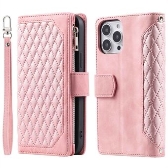 For iPhone 12 Pro Max 6.7 inch 005 Rhombus Grid Textured Zipper Pocket PU Leather Stand Wallet Phone Cover with Strap