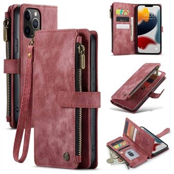 CASEME C30 Series Anti-drop Phone Case for iPhone 12 Pro Max 6.7 inch, Multifunctional Zipper Pocket Wallet Phone Cover PU Leather Stand Card Holder with Strap