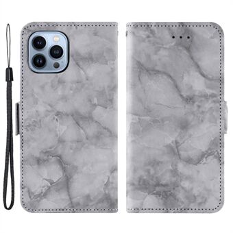 For iPhone 12 Pro Max 6.7 inch Stand Shell with Wrist Strap, Marble Pattern Dual Magnetic Clasp PU Leather Flip Wallet Cover - Grey