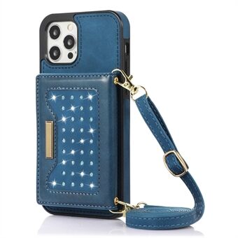 For iPhone 12 Pro Max 6.7 inch Rhinestone Decor Leather Coated TPU Kickstand Case RFID Blocking Phone Wallet Cover with Shoulder Strap