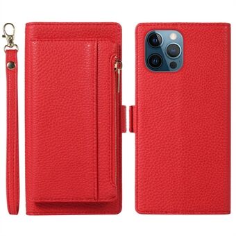 For iPhone 12 Pro Max 6.7 inch 2 in 1 Shockproof Magnetic Phone Case Detachable Zipper Pocket Wallet Litchi Texture PU Leather Stand Cell Phone Cover with Strap