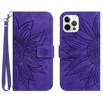 For iPhone 12 Pro Max 6.7 inch HT04 Imprinted Sunflower Phone Drop-proof Case Skin-Touch PU Leather Stand Wallet Cover with Hand Strap