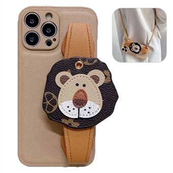 For iPhone 12 Pro Max 6.7 inch Cartoon Lion Wristband Back Cover Scratch Resistant PU Leather Coated TPU Shell with Shoulder Strap