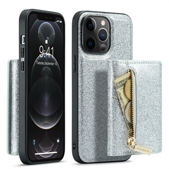 DG.MING M3 Series For iPhone 12 Pro Max 6.7 inch 2-in-1 Glittery PU Leather Coated PC+TPU Shockproof Back Case Kickstand Magnetic Detachable Zipper Wallet Phone Cover