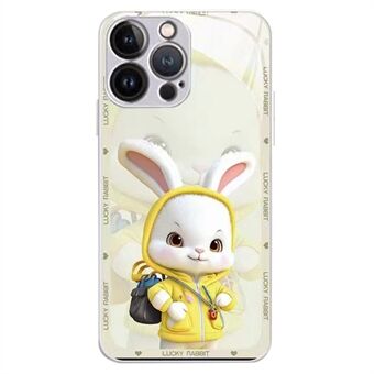 For iPhone 12 Pro Max 6.7 inch Back Cover, Cartoon Rabbit with Backpack Tempered Glass+TPU Phone Protective Case