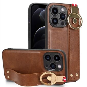 Anti-scratch Cover for iPhone 12 Pro Max 6.7 inch Wristband Kickstand Leather Coating PC+TPU Phone Case with Neck Strap