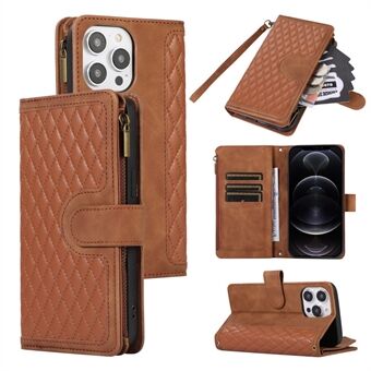 For iPhone 12 Pro Max 6.7 inch Leather Wallet Card Holder Phone Case Rhombus Imprinted Stand Cover with Zipper Pocket