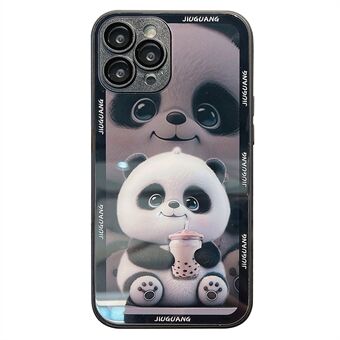 Scratch-proof Cover for iPhone 12 Pro Max Milk Tea Panda Pattern Printing Tempered Glass+TPU Phone Case with Lens Film