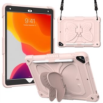 Butterfly Shape Kickstand Design Solid Color PC + Silicone Shockproof Tablet Cover Shell with Shoulder Strap for iPad 10.2 (2021)/(2020)/(2019)