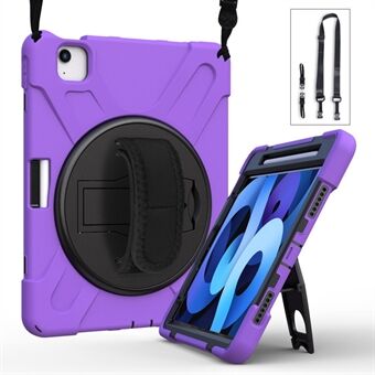 For iPad Air (2020) / Pro 11-inch (2021)(2020)(2018) X-Shape 360 Degree Swivel PC + Silicone (with Pen Slot) Combo Kickstand Case with Hand Holder Strap Shoulder Strap