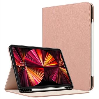 Litchi Texture Genuine Leather Stand Design Drop-proof Wake/Sleep Function Tablet Case with Pen Slot for Apple iPad Pro 11-inch (2021)