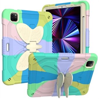 For iPad Pro 11-inch (2021) / (2020) / (2018) / iPad Air (2022) / (2020) Silicone + PC Tablet Case Butterfly Shape Kickstand Drop-proof Cover with Shoulder Strap