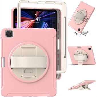 For iPad Pro 12.9 (2022) / (2021) / (2020) 360-Degree Swivel Kickstand PC + TPU Tablet Cover Hand Strap Design Protective Case with Pen Slot